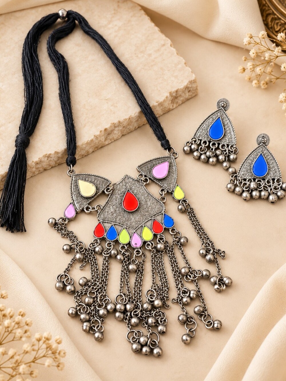 Multicolor Glass Oxidized Silver Necklace Set with Earrings | Festive Jewelry